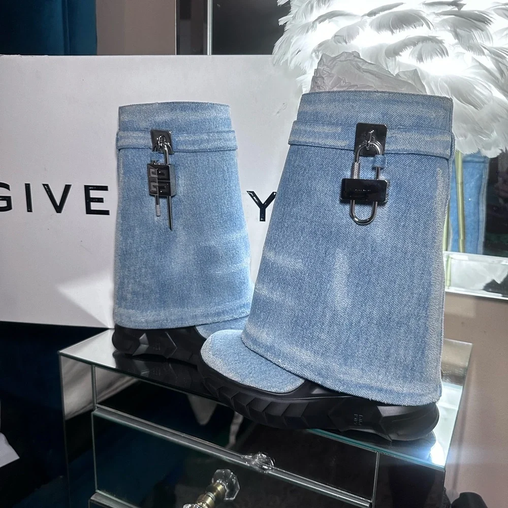 Givenchy Blue Denim Boots with Silver Lock - Picture 3 of 5
